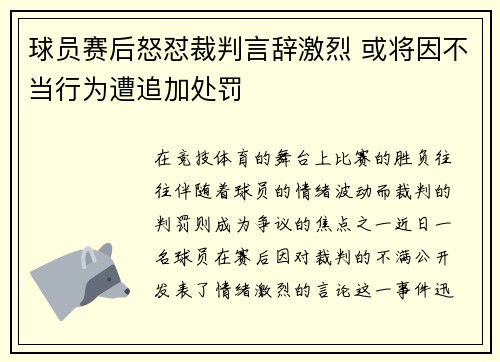 球员赛后怒怼裁判言辞激烈 或将因不当行为遭追加处罚 球员赛后怒怼裁判言辞激烈 或将因不当行为遭追加处罚